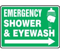 Accuform MFSD428XV Adhesive Dura-Vinyl Sign, Legend"EMERGENCY SHOWER & EYEWASH (RIGHT ARROW)", 7" Length x 10" Width x 0.006" Thickness, White on Green