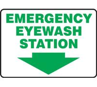 Accuform MFSD429VA Aluminum Safety Sign, Legend"EMERGENCY EYEWASH STATION (ARROW DOWN)", 7" Length x 10" Width, Green on White