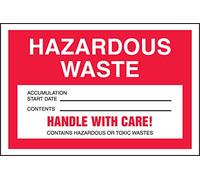 Accuform MHZW15PSC Adhesive Coated Paper Hazardous Waste Label, Legend "HAZARDOUS WASTE - ACCUMULATION START DATE - CONTENTS - HANDLE WITH CARE! CONTAINS HAZARDOUS OR TOXIC WASTES", 4" Length x 6" Width, Red/Black/White (Pack of 100)