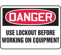 Accuform MLKT016VA Aluminum Safety Sign, Legend "DANGER USE LOCKOUT BEFORE WORKING ON EQUIPMENT", 10" Length x 14" Width, Red/Black on White