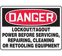 Accuform MLKT279XV Adhesive Dura-Vinyl Sign, Legend"DANGER LOCKOUT/TAGOUT POWER BEFORE SERVICING, REPAIRING,", 7" Length x 10" Width x 0.006" Thickness, Red/Black on White