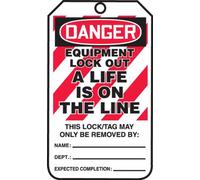 Accuform MLT414PTP - Etiqueta de bloqueo, leyenda "DANGER EQUIPATION LOCK OUTA LIFE IS ON THE LINE", 14 cm de largo x 8,25 cm de ancho x 0,015 cm de grosor, RP-plástico, rojo/negro sobre blanco (Pack de 25)