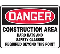 Accuform MPPE140VA Aluminum Sign, Legend"Danger Construction Area Hard Hats and Safety Glasses Required Beyond This", 10" Length x 14" Width, Red/Black on White