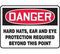 Accuform MPPE153VA Aluminum Safety Sign, Legend "DANGER HARD HATS, EAR AND EYE PROTECTION REQUIRED BEYOND THIS POINT", 7" Length x 10" Width, Red/Black on White