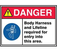 Accuform MRHL011VS Adhesive Vinyl Sign, Legend"Danger Body Harness and Lifeline Required for Entry INTO", 10" Length x 14" Width x 0.004" Thickness, Red/Black/Blue/Yellow on White