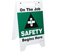 Accuform PFR808 Plastic Free-Standing Fold-Ups Floor Sign, Legend"ON The Job Safety Begins HERE" with Graphic, 20" Height x 12" Width x 0.125" Thickness, Green/Black on White