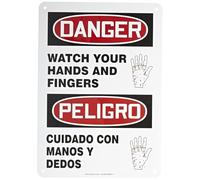 Accuform SBMEQM030VA Aluminum Spanish Bilingual Sign, Legend "DANGER WATCH YOUR HANDS AND FINGERS/PELIGRO CUIDADO CON SUS MANOS Y SUS DEDOS" with Graphic, 14" Length x 10" Width, Red/Black on White
