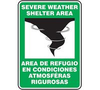 Accuform SBMFEX524VA Aluminum Spanish Bilingual Safety Sign, Legend "SEVERE WEATHER SHELTER AREA/AREA DE REFUGIO EN CONDICIONES ATMOSFERAS RIGUROSAS" with Graphic, 14" Length x 10" Width, White/Black on Green