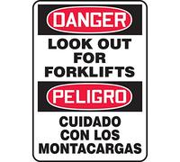 Accuform SBMVHR110XV Spanish-Bilingual Adhesive Dura-Vinyl Sign, Legend"DANGER LOOK OUT FOR FORKLIFTS", 14" Length x 10" Width x 0.006" Thickness, Red/Black on White