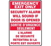 Accuform signos fbmext566vs vinilo adhesivo francés bilingüe Sign, Legend "salida de emergencia sólo seguridad alarma sonará si puerta se abre/Sortie d 'urgence seulement L 'alarme de Securite retentira si la porte est ouverte", 14 cm de largo x 10 "de ancho x 0,004" de grosor, rojo sobre blanco