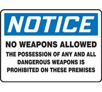 Accuform signos macc802vp plástico señal de seguridad, leyenda "aviso no armas permite la posesión de todo y todas las Armas peligrosas está prohibido en estos locales," 7 "Longitud x 10" x 0.055 "de grosor, azul/negro sobre blanco