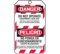 Accuform signos tsp105ctp español bilingüe bloqueo etiqueta, leyenda "peligro no funcionar equipo de bloqueo/Peligro no ponga en funcionamiento equipo bloqueado," 5.75 "Longitud x 3,25" Ancho x 0,01 cm de grosor, pf-cardstock, rojo/negro sobre blanco (25 unidades)
