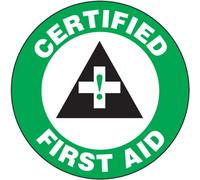 Accuform Signs LHTL109 - Calcomanía adhesiva de vinilo para casco duro, leyenda "Certified First AID" con gráfico, 2-1/4 pulgadas de diámetro, verde/negro sobre blanco (paquete de 10)
