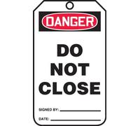 Accuform Signs MDT120PTP etiqueta de seguridad, leyenda "DANGER DO NOT CLOSE", 5,75" de largo x 3,25" de ancho x 0,015" de grosor, RP-plástico, rojo/negro sobre blanco (Pack de 25)
