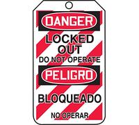Accuform TMS238CTM PF-Cardstock Etiqueta de seguridad bilingüe española, leyenda "DANGER LOCKED OUT DO NOT", 5.75" de largo x 3.25" de ancho x 0.010" de grosor, rojo/negro sobre blanco (paquete de 5)
