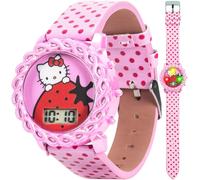 Accutime Hello Kitty - Reloj Digital para niños con Pantalla LED, Correa de Piel sintética de Lunares Rosados, Adorable diseño de Fresa, Divertida función de iluminación, Ajuste Duradero y Ajustable