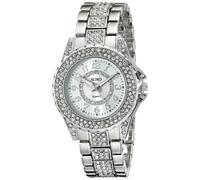 Accutime XOXO Reloj analgico para mujer con caja plateada, bisel/esfera/banda de diamantes de imitacin, esfera plateada con rayos de sol, reloj
