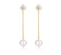 ACECHA Pendientes largos de perlas para mujer, chapados en oro de 16 quilates, joyería para boda, Perla de plata de ley, Perla