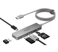 Aceele Hub USB 3.0 con Cable de 1.2m, 6 en 1 Ladrón USB de Ultrafino de 5Gbps con Micro Puerto, 3*USB A y Lectores de Tarjetas SD/Micro SD, para Portátiles, PC, Tarjeta de Memoria, Unidad Flash (Gris)