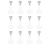 AceFun 12PCS 16G 2mm Clear CZ Internally Threaded Labret Lip Ring Tragus Nail Helix Earring Stud Piercing Jewelry Acrylic Bioflex & Stainless Steel Bar Length 10mm
