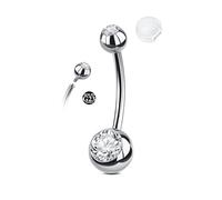 AceFun Piercing ombligo titanio plata 14mm 14 G con rosca interna revestimiento blanco brillante para mujer G23 Joya para piercing ombligo con 1 tapa antideslizante silicona circonita blanca