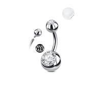 AceFun Piercing ombligo titanio plata 6mm 14G con rosca interna revestimiento blanco brillante para mujeres G23 con 1 tapa antideslizante silicona y circonita blanca transparente.