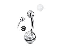 AceFun Piercing ombligo titanio platade 8mm 14G rosca interna revestimiento blanco brillante piercings para mujer G23 joya con 1 tapa antideslizante silicona circonita blanca transparente