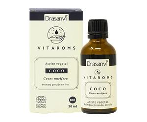 Aceite de Coco BIO Ecocert Primera Presion en Frio 50ml Vitaroms Vegano | Nutritivo, Emoliente y Regenerador, Ideal para el Cuidado Diario de la Piel y el Cabello, Vegano y Sin Gluten, Drasanvi
