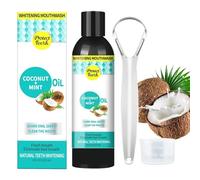 Aceite de coco enjuague bucal para dientes, extracción de aceite con raspador de lengua, cuidado bucal natural, combate el mal aliento, sin alcohol, blanqueamiento dental, salud de las encías, sin