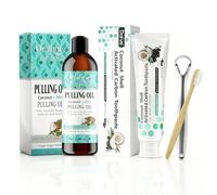 Aceite de Coco Natural Colutorio Enjuague Bucal Aceite de Menta 100ml con Pasta de Dientes Carbón 120g Raspador de Lengua Cepillo de Dientes, Kit Higiene Bucal para Ayudar a Tener un Aliento Fresco