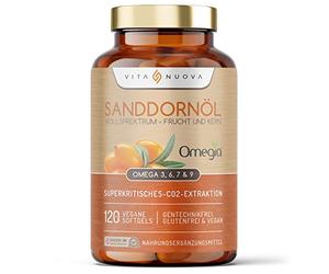Aceite de espino amarillo - 120 cápsulas blandas - Omega 3, 6, 7 y 9 - espectro completo - fruta y núcleo - vegano - sin aditivos (120 cápsulas blandas)