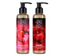 Aceite de Masaje Sensual Set 2x200ml - Fresa y Cereza - con Aceites Naturales de Almendras y de Semilla de Uva - Aceite Corporal para Él y Ella - Aceite de Masaje y Relajación