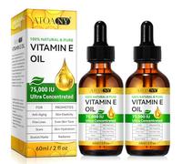 Aceite de Vitamina E 75,000 IU Paquete de 2, Puro Vitamin E Oil para la Piel, Cara, Cabello, Cuerpo, Antioxidante Natural para la Sequedad, Arrugas, Cicatrices y Estrías, Hidratación y Reafirmación
