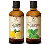 Aceite Esenciale Limón 100ml y Aceite Esenciale Menta 100ml - Citrus Limon & Mentha Piperita - Aroma a Menta - Aceites de Aromaterapia para Difusor - Aromalamp - Buen Humor - Aroma Fresco