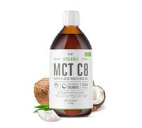 Aceite MCT C8 ecológico 1 litro (vidrio) - 99%+ C8 puro prensado en frío - aceite de coco premium sostenible - aumenta cetonas 3X más - de Alpha01