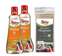 Aceite para muebles de POLIBOY, producto para el cuidado de madera para muebles de madera sin tratar y engrasar, aceite de madera incoloro para refrescar y cuidar, 2 x 200 ml, incluye paño de algodón