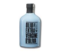 Aceite Pellegrino EVO en tarro de cerámica recargable de 0,25L de color azul claro.