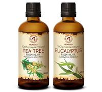 Aceites Árbol de Té 100ml y Aceite Eucalipto 100ml para Aromaterapia - Difusor - Lámpara Aromática - Cuidado Piel y Cabello - Aceites Esenciales Natural 100% - Aceite de Sauna