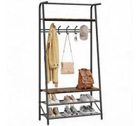 Acekool Perchero Columna Metal-Madera con Banco Zapatero de 3 Niveles | Cuenta con 5 ganchos y barra para ropa para tu entrada.