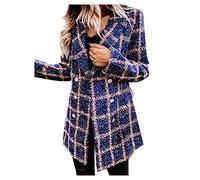 ACemt Blazer a cuadros de lana para mujer - Blazer largo para mujer a cuadros, chaqueta de invierno de lana de manga larga, abrigo de moda hasta la rodilla, abrigo de un solo pecho, chaqueta de ocio