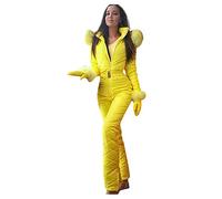 ACemt, Traje de esquí para mujer, talla grande, mono largo de invierno con capucha, cálido, térmico, resistente al viento, manga larga, pantalones de nieve gruesos con felpa 2 en 1, Amarillo, 3XL