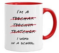 Acen Merchandise Juego de taza y caja de regalo para profesores con texto en inglés I Work in a School, regalo para profesor | tazas de Navidad para profesor | taza escolar