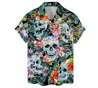 ACEPrints Camisa Hawaiana para Hombre, Camisas Casuales con Botones para Hombre, Camisas Hawaianas de Manga Corta con Botones para Hombre, Calavera y Flor, M