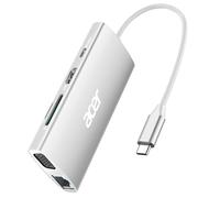 Acer Hub USB C con HDMI 4K, Adaptador Ethernet USB C 9 en 1, Estación de Acoplamiento USB-A 3.1 5Gbps, Carga PD 100W, Lector de Tarjetas SD, USB a VGA para MacBook, Acer, Laptops (Plateado)