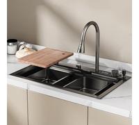 Acero inoxidable fregadero de cocina con pantalla digital Drop-in/Undermount Installation Pull-Down Faucet Chopping Board & Cup Washer (75 x 45 cm)