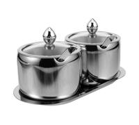Acero Inoxidable Tarro de Condimentos Tapa de Vidrio de Cocina | Compartimentos Visibles, Apertura Fácil, Incluye Cucharas, para Salsas y Pastas, Diseño Moderno Plata