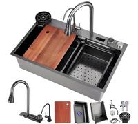 Acero inoxidable Waterfall Kitchen Sink with Glass Rinser Siphon & Drain Set Multifunctional Design Includes Drain Baskets & Overflow - Modern Style for Home