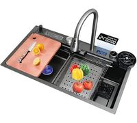 Acero inoxidable Waterfall Kitchen Sink with Pull-out Faucet Multifunctional Design Includes Chopping Board & Glass Washer for Modern Kitchens
