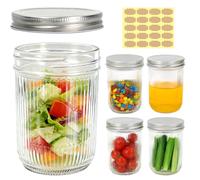 Acetiti Mason Jars 500 ml/17 oz, Pack de 5 Tarros de Cristal con Tapas y etiquetas Tarros de Conserva de Vidrio para Avena nocturna, especias, Mermelada, Miel, Casera (500ml-Rayas verticales)