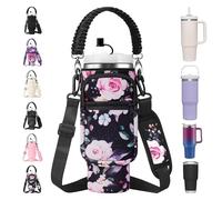 AceTreker - Bolso portavasos Stanley de 30 oz con correa y funda para pajita, bandolera aislada al vacío de neopreno con asa de paracord y 2 bolsillos para accesorios de Stanley Tumbler - Flor negra